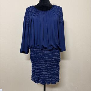 Max Studio Dress Womens Small Navy Blue Smocked Mini Bell Sleeve Boho Stretch